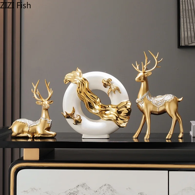 

Koi Ornaments Home Furnishings Accessories Living Room Decoration Crafts Deer Sculpture 2-piece Set Animal Statues Figurines