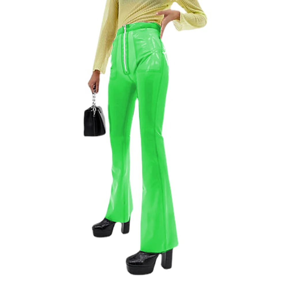 Sexy Transparent High Elastic Waist Flare Pants Latex Leggings flared legs front zipper pink and black Bell Rubber Bottom Pants