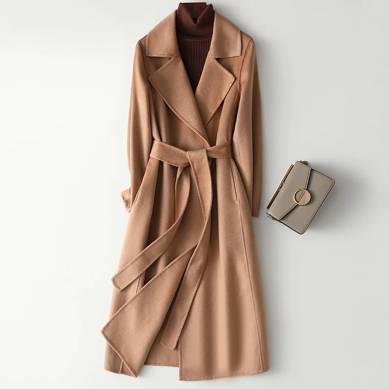 

2022 Autumn 100% Wool Coats Women Long Coats With Belt Women Elegant Woolen Coat Veste Femme Tops Abrigo Mujer