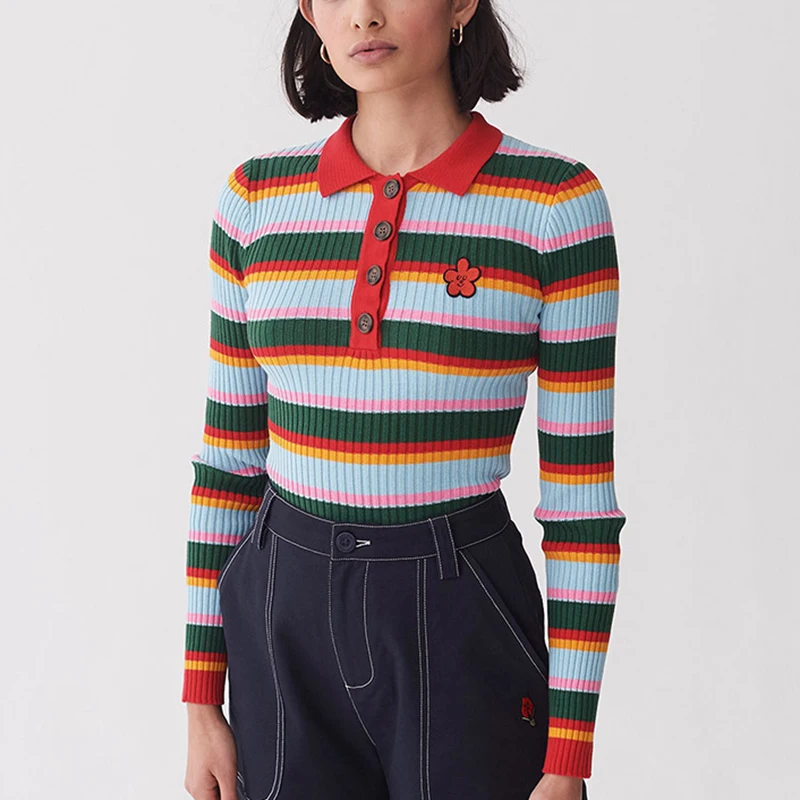 

Rainbow Striped Pullovers y2k za Women Autumn Polo Neck Skinny Sweater Tops Harajuku Sweet Cute Flower Embroidery Jumpers Femme