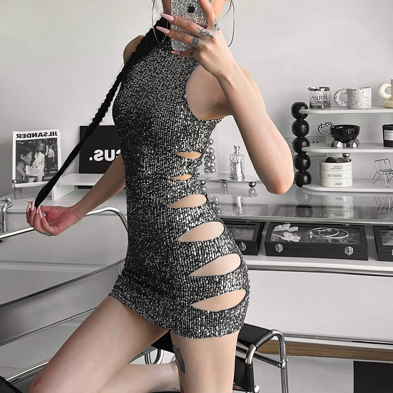 

Nightclub Spicy Girl Style Hollowed Out Sequin Design Sense Dress For Women Sexy Slim Fit Hip Wrap Short Skirt