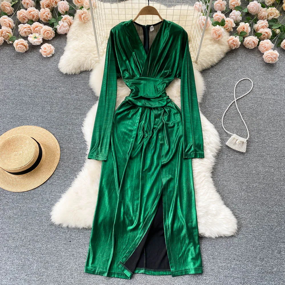 

Lady Fashion Winter Package Hip Dress 2022 Women's Spring Autumn Winter V Collar Retro Long Sleeve Elegant Clothes Vestidos