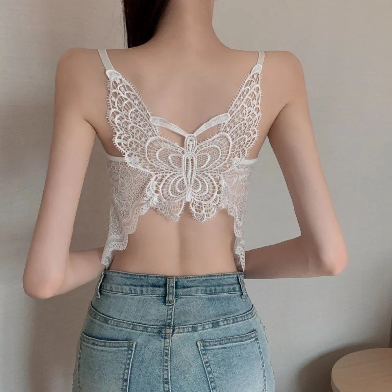 Lace Tank Tops Butterfly Back For Women Sexy Fox Gathered Bralette Camisole  Breathable Fashion Spaghetti Strap Hollowed Clothing