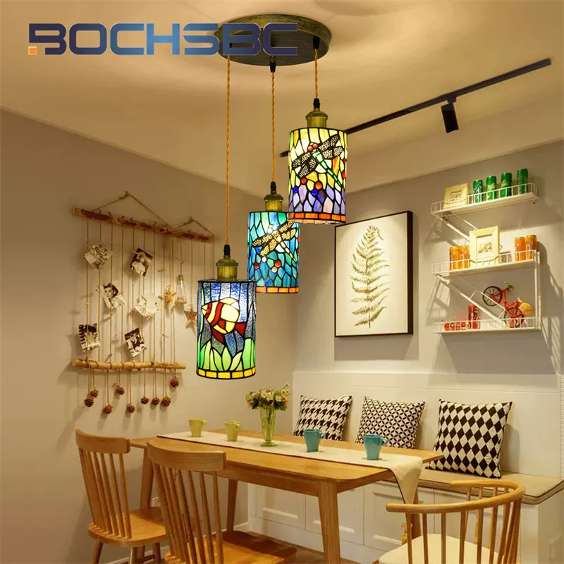 

BOCHSBC Tiffany stained glass hanging light Vintage style Art Deco bar Restaurant Cafe Tea room Study bedroom chandelier