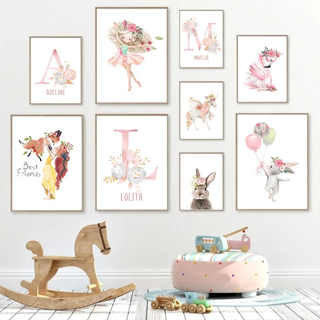 dekoration kawaii decor Mädchen Rosa bilder room poster Aquarell Schwan Kindergarten kinderzimmer Kaninchen kinderzimmer deko Moderne