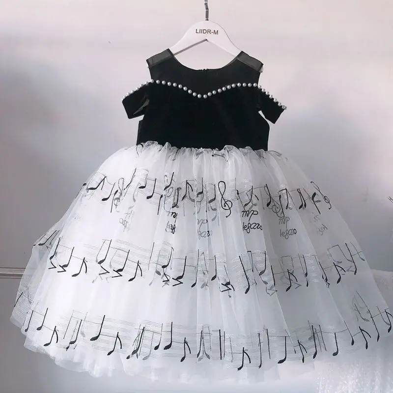 

2-10Y Girl Kids Classic Black Piano Training Performance Dress Off Shoulder Beading O-Neck Evening Dresses First Communion Gown
