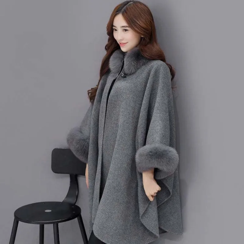 Winter Fake Fur Coat Women's Poncho Jacket Oversized Bat Sleeve Warm Cape Overcoat Long Cloak Outwear Casual Shawl Female 2022