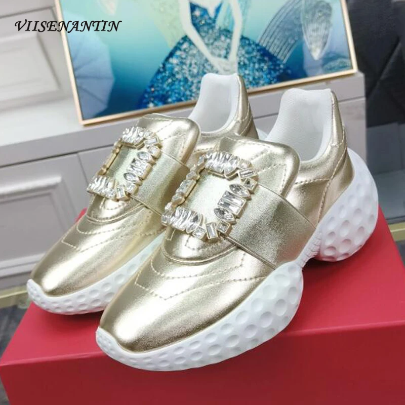 

Fashion Women Leisrue Shoes Crystal Buckle Women Spring Autumn Rhinestone Sneakers Thick Heel Concise Sports Running Feetwear