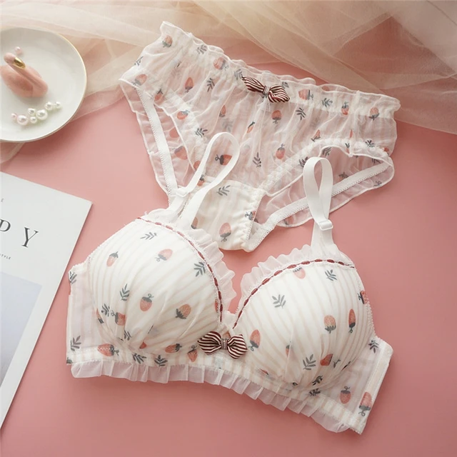 Strawberry Girl Cute Women Lingerie 2PCS Bra Panties Set Bikini Lolita  Underwear