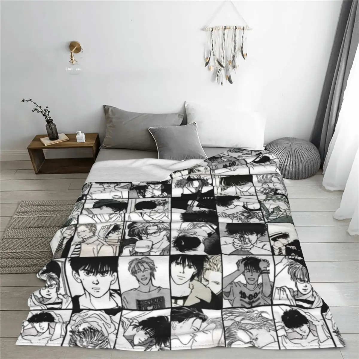 

Banana Fish Plaid Manga Blanket Flannel Winter Anime Multi-function Warm Throw Blankets for Home Bedroom Plush Thin Quilt