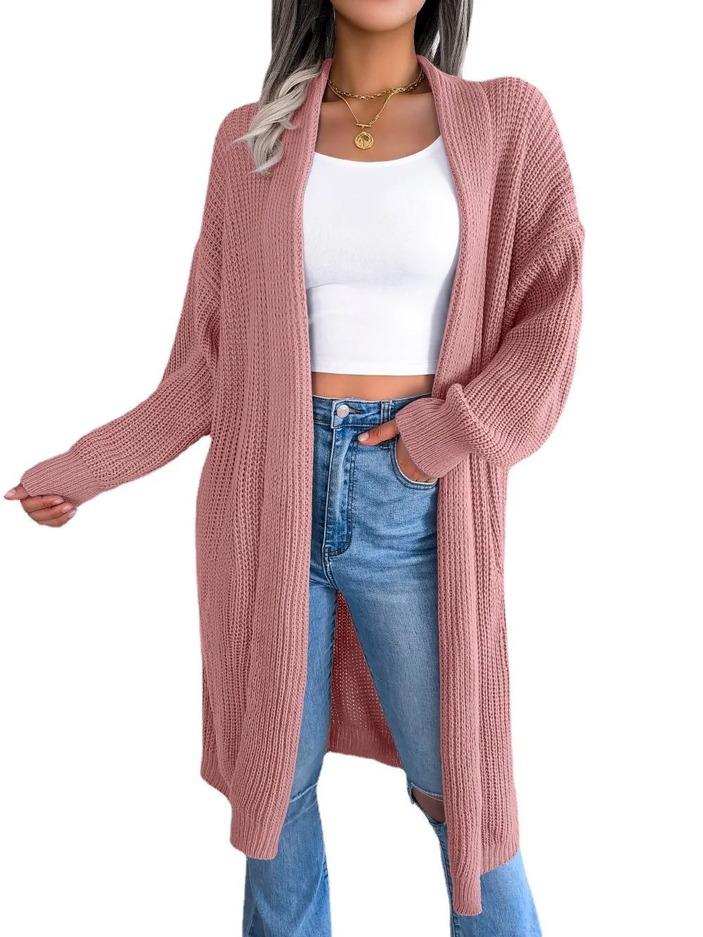 Spring And Autumn Women's Casual Versatile Lapel Long Cardigan Sweater Coat Female & Lady Fashion Solid Color Jackets