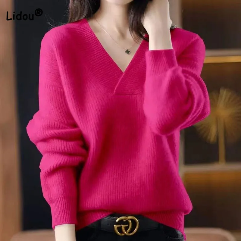 

Autumn Winter Trend Lady Solid Color Sweaters 2023 Simplicity All-match V-Neck Long Sleeve Knitted Pullovers Women's Clothing
