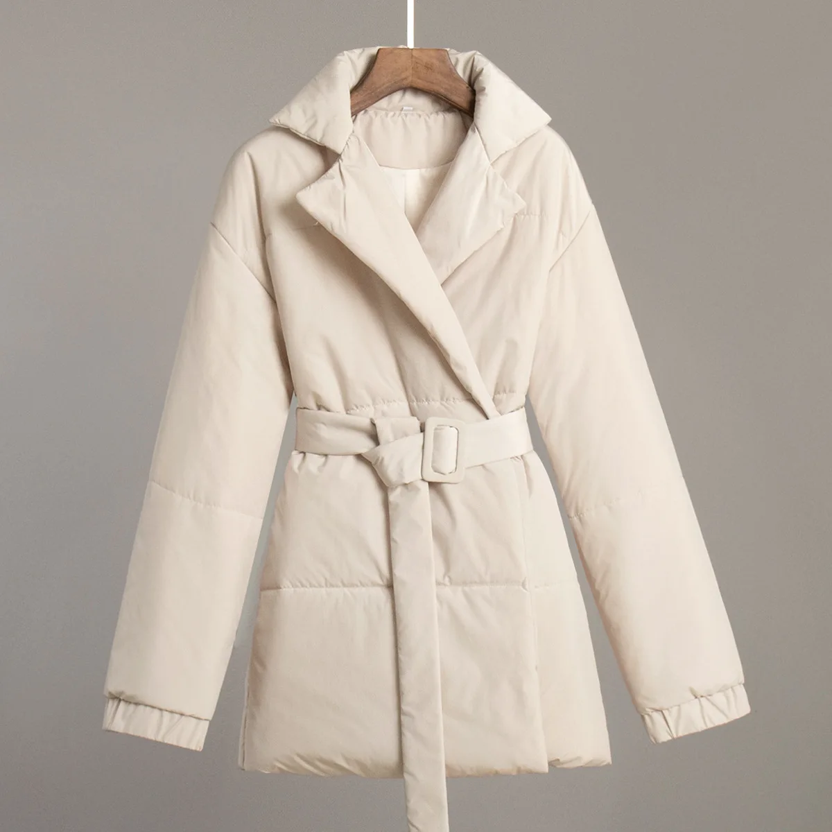 Winter Lace-Up Pocket Parkas Outwear Female V-Neck Loose Long Sleeve Fashion High Waist Bandage Coat Ladies Solid Outwear
