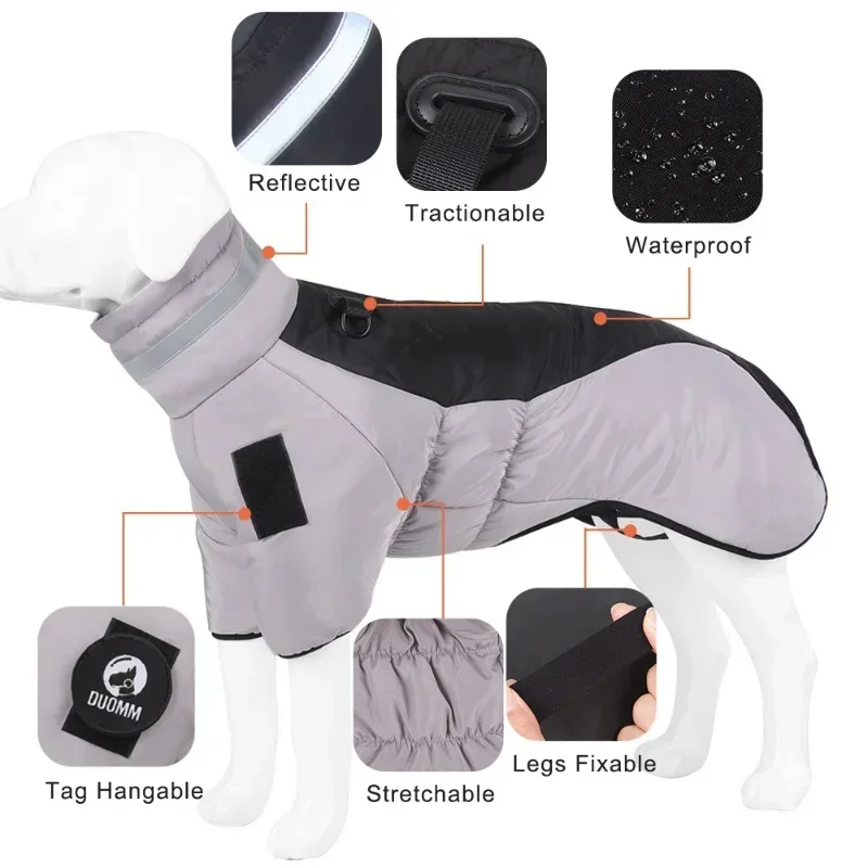 Winter Dog Jacket Reflective High Collar Warm Waterproof Thicken Pet Clothes for Medium Large