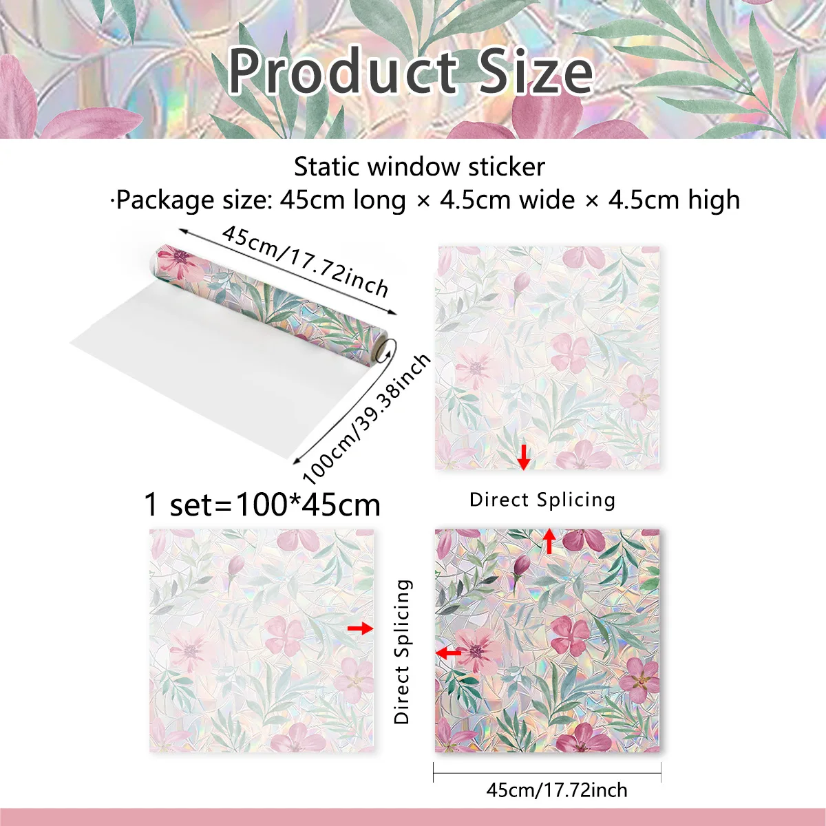 Reusable Static Cling Window Stickers 100cm Colorful Flower Decals 2-Sided View Sunlight Effects Glass Decor for Home/Shop