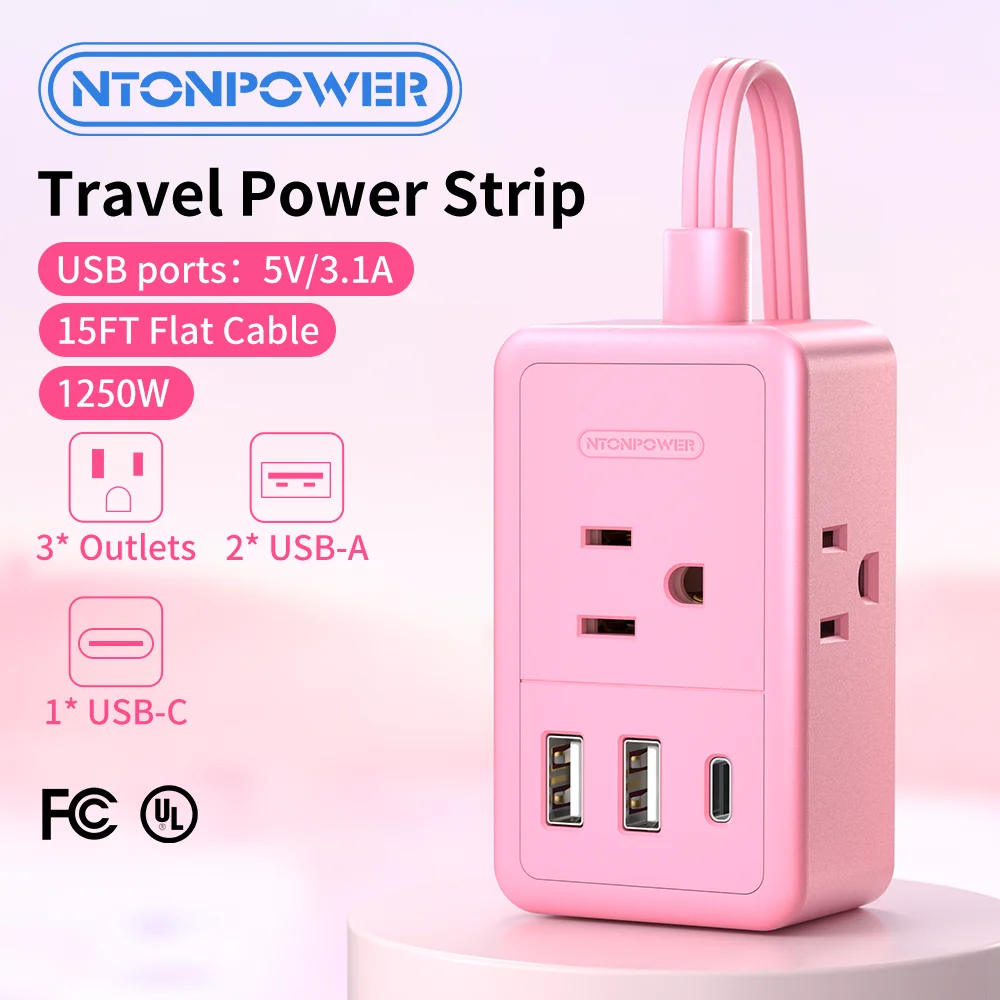 Power Strip 15FT Extra Long Power Strip with USB-C Fast Charging 3 AC Outlets 2 USB Ports Flat Plug Extension Cord for Home Office Travel