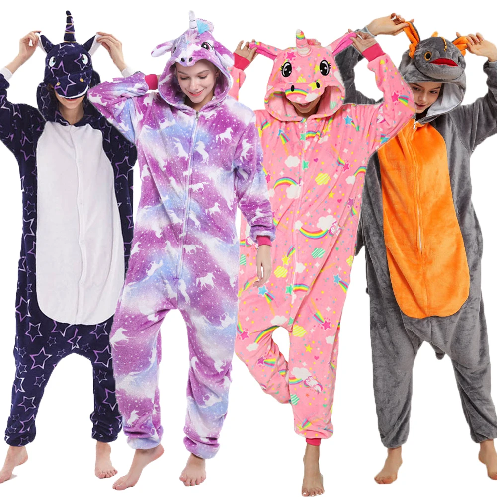 Adult Animal Kigurumi Cat Unicorn Sleepwear Winter Boys Girls Women Flannel Pajamas Sets Children's Onesies Mother Kids Jumpsuit