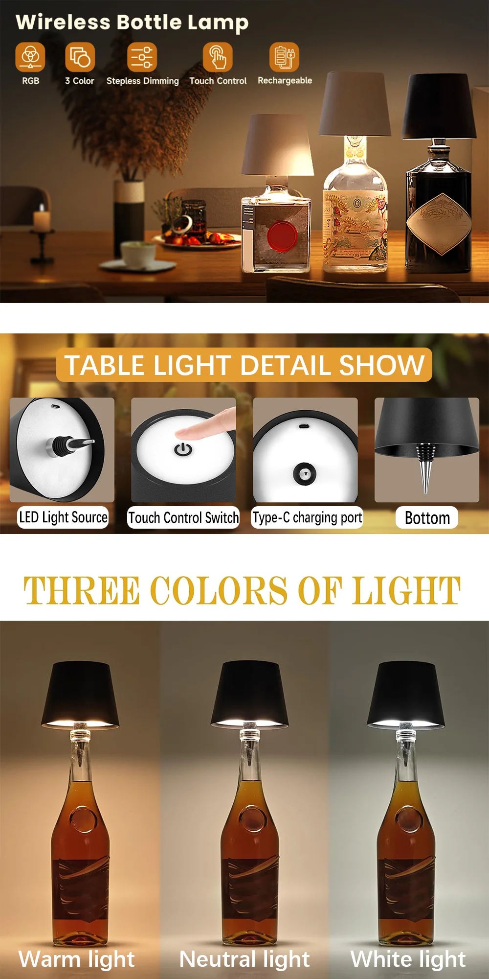 Description Picture 2 of itemRecessed Wine Head Table Lamp Tri-colour Removable Removable Party Camping Lights Rechargeable Wine Head Ambient Lights