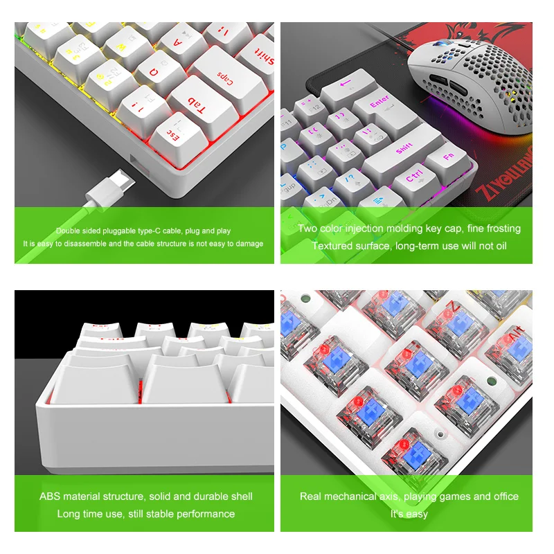Teclado e Mouse Conjunto de Teclado Mecânico 62 Teclas Rgb 6400 Dpi Óptico Gaming Mouse com Almofada para Gamer Desktop Portátil T60 - Imagem 4