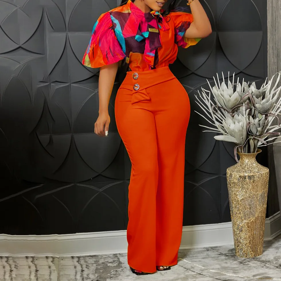 Stylish Business Suits Women Summer Print Stand Up Collar Long Sleeved Shirt Top Wide Leg Pants Cocktail Elegant Two Piece Set