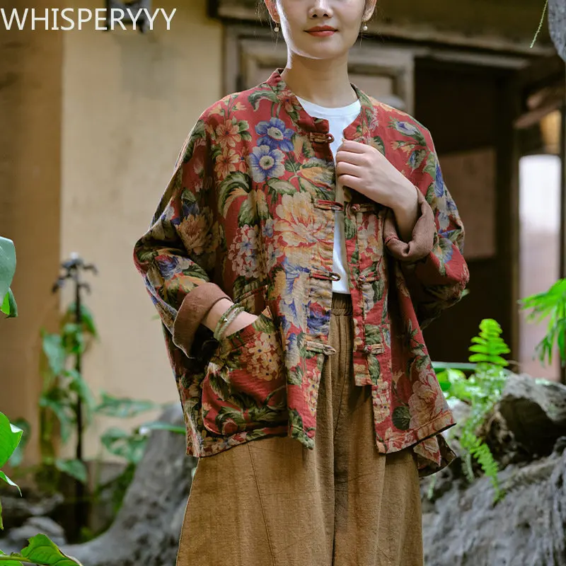 Cotton and Hemp Top Women's Retro Chinese Style Shirt Old Cloth Printed Top Long-sleeved Flower Coat Chinese Blouse Women