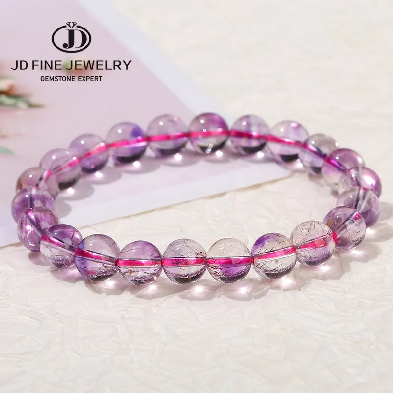 

JD Natural Purple Super Seven Quartz Crystal Strand Bracelets Women Men Charm Reiki Healing Energy Bead Elastic Yoga Couple Gift