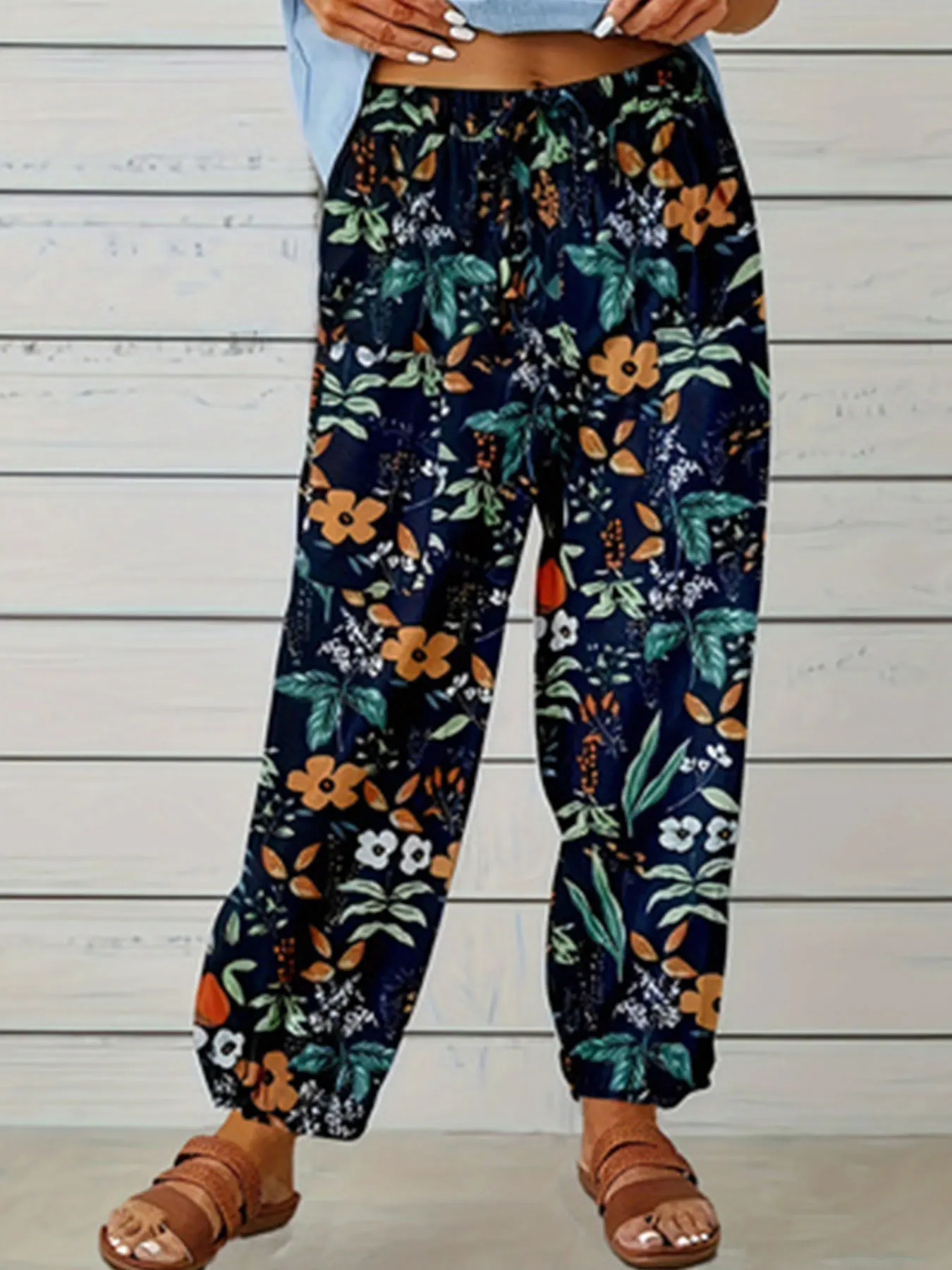 Plus Size Floral Print Pants, Casual Elastic Waist Pants For Spring & Summer, Women's Plus Size Clothing