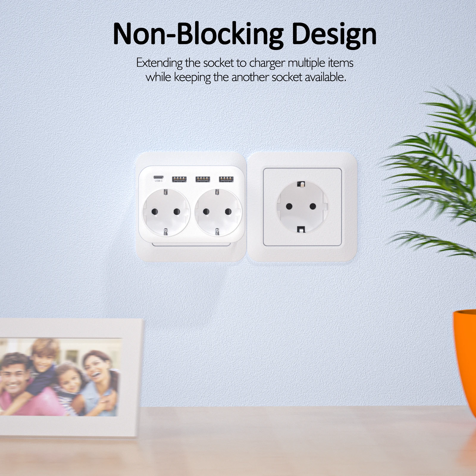 6 in 1 Plug Adapter Wall Charger with 2 Schuko Sockets 3 USB Ports 1 Type C for Home Office