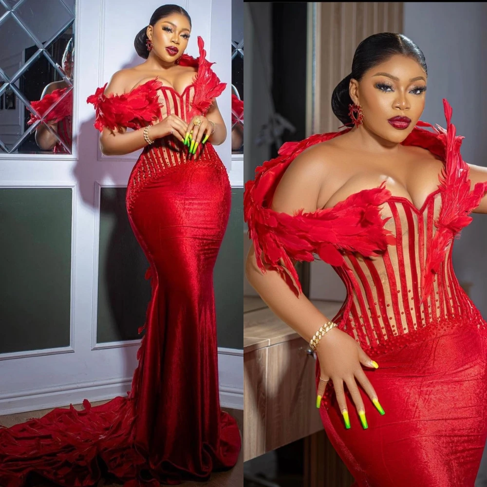 

Prom Dresses Intricate Fashion Off-the-shoulder Mermaid Feathers Velour Formal Occasion Gown evening party dresses for women