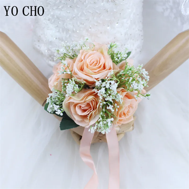 Bridesmaid Wedding Bouquet Flower Ivory Silk Rose Babysbreath Fake Flower Mini Bouquet for Bridal Bridesmaid Mariage Wedding