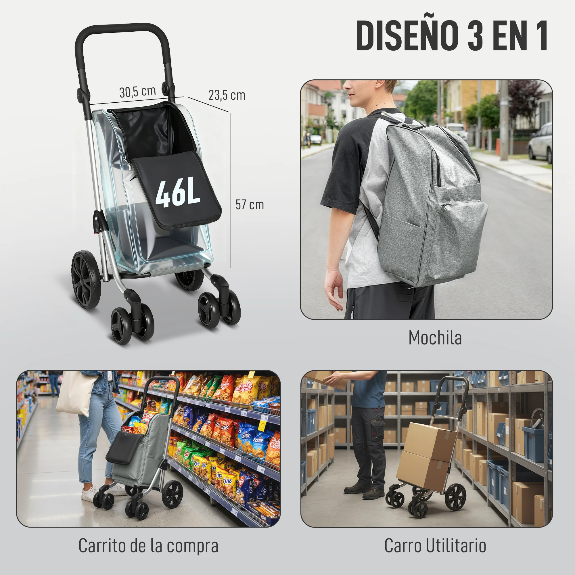 Chariot De Courses HOMCOM - Dimensions 45.5x35.5x97 Cm, Noir - Neuf
