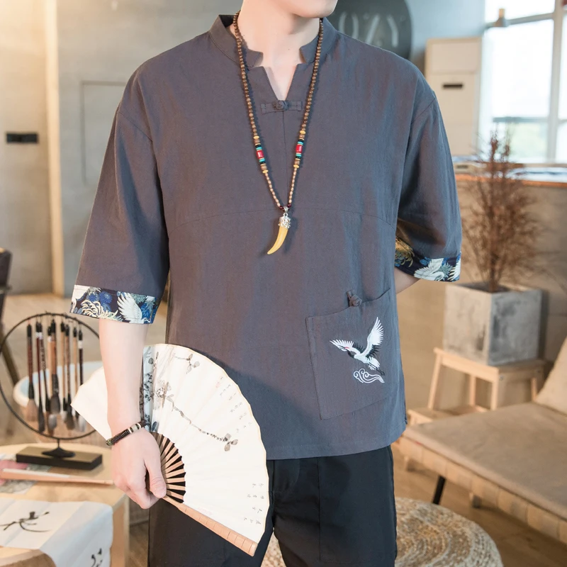 New Men's Casual Blouse Cotton Linen Shirt Loose Tops Short Sleeve Chinese Clothing Summer Casual Handsome Men's Hanfu Coat