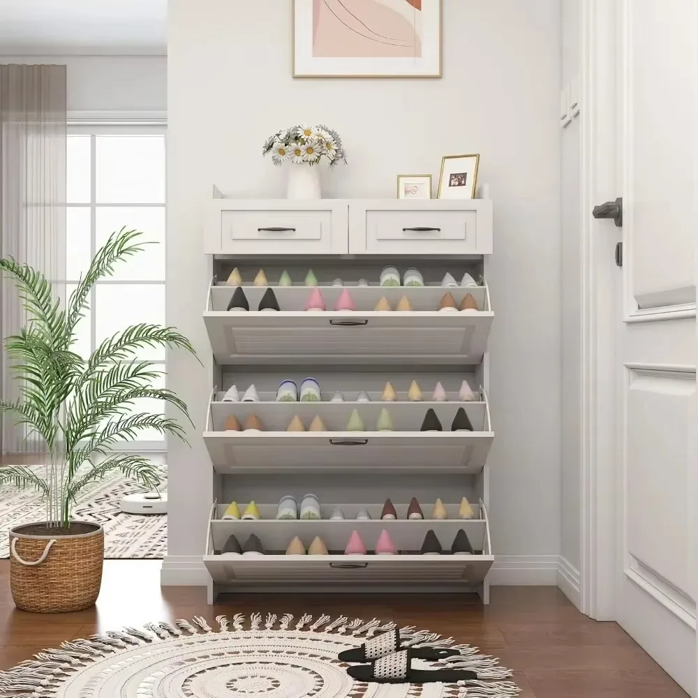 Shoe Storage Cabinet with 3 Flip Drawers, White Freestanding Storage Racks for Entryway Hidden Narrow Shoe Organizers Perfect