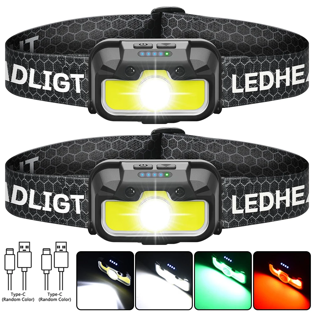 

2PCS 5W Mini LED Headlamp Powerful 18650 Type-C Rechargeable Torch 14-Modes Waterproof Fishing Headlight Camping Working Lantern