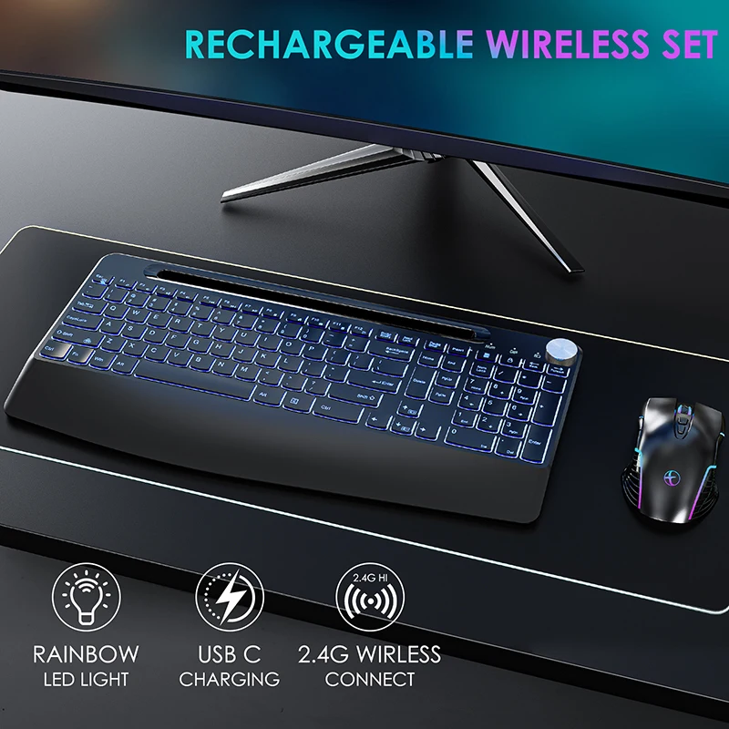 Ergonomic 2.4G Wirlss Rchargabl Kyboard St For Laptop With Color Backlit Phon Holdr Wrist Rst And Jigglr_voghion.com