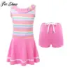 Kids Girls Sleeveless Stripes Print Swim Dress Swimsuit Scoop Neck Swim Shorts Set Bathing Suit Pool Beach Rash Guard Swimwear