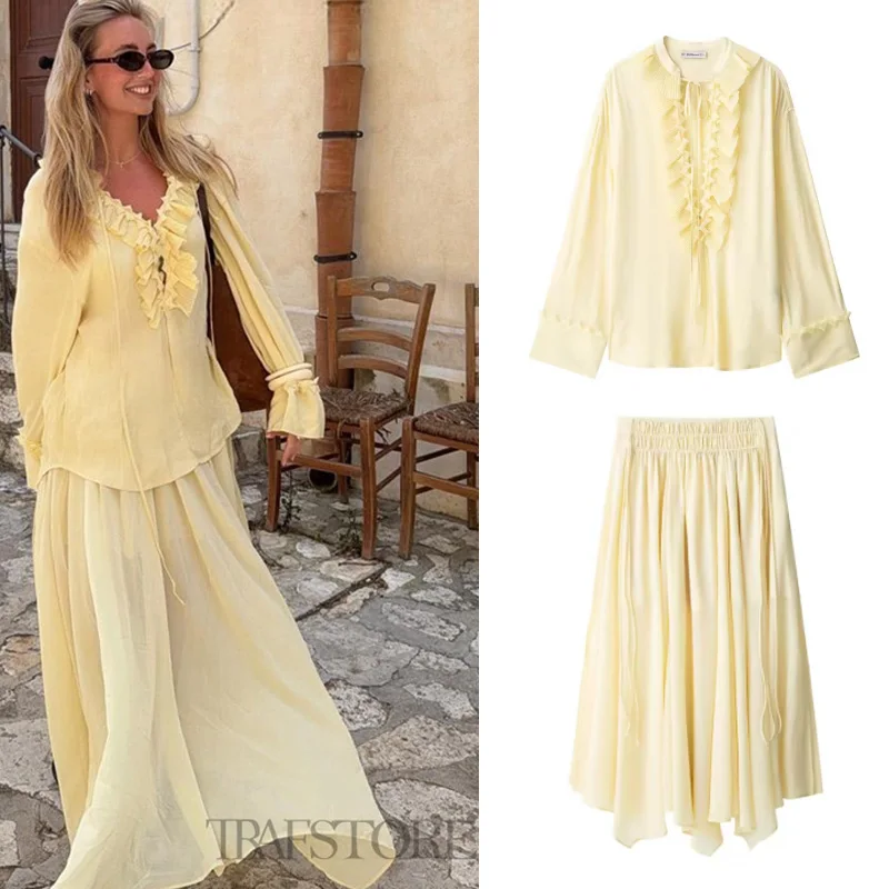 TRAF 2025 Woman Fashion Loose V-neck Skirt Shirt Sets Casual Slim High Waisted Skirt Suits Spring Summer