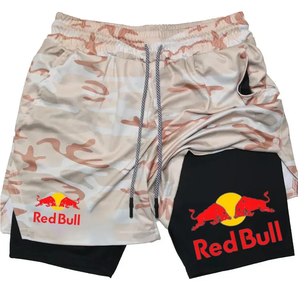 Mens 2-in-1 Red Bull Sports Shorts - Quick-Dry Breathable Running Underwear M-3XL