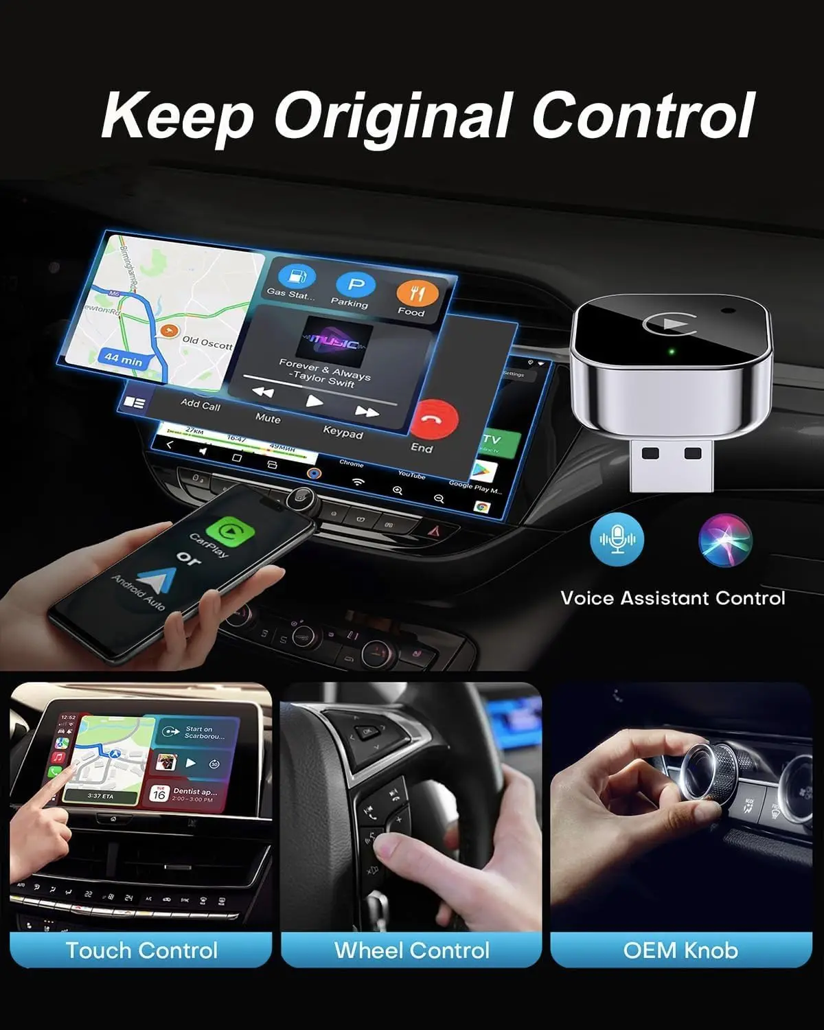 Wireless CarPlay & Android Auto Dongle Fast Auto-Connect Compact Plug & Play for iPhone Android, USB A/USB-C No Delay