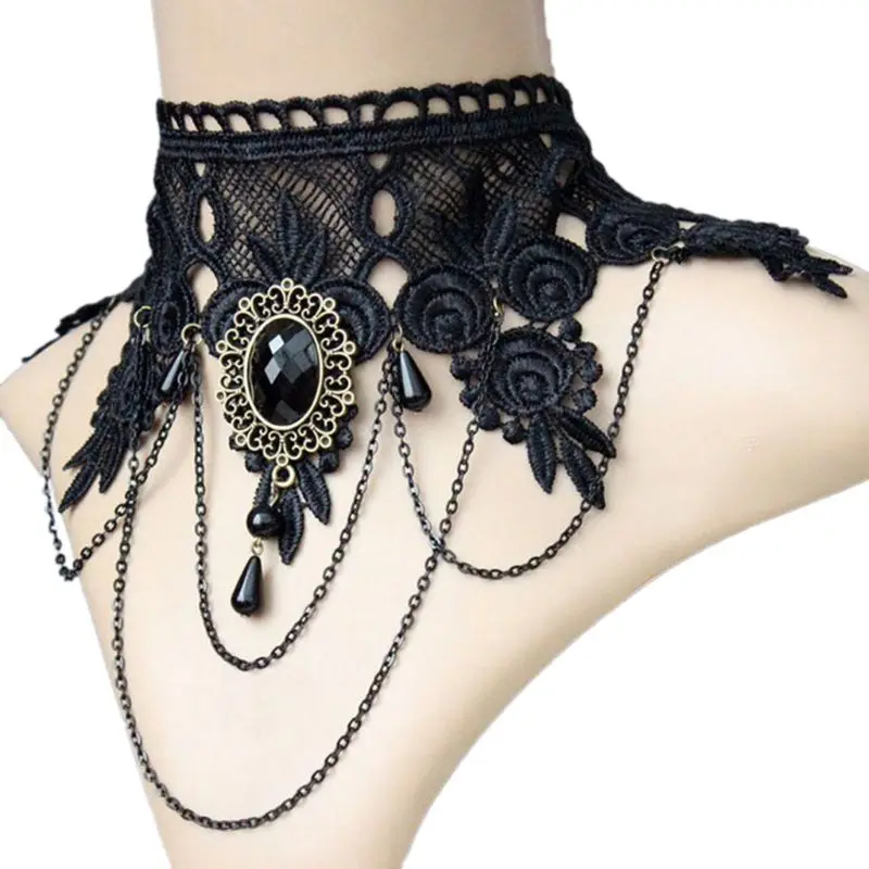 Steampunk Choker Collar Gothic Crystal Black Lace Neck Necklace Vintage Clavicle Chain Sexy Choker Women Jewelry