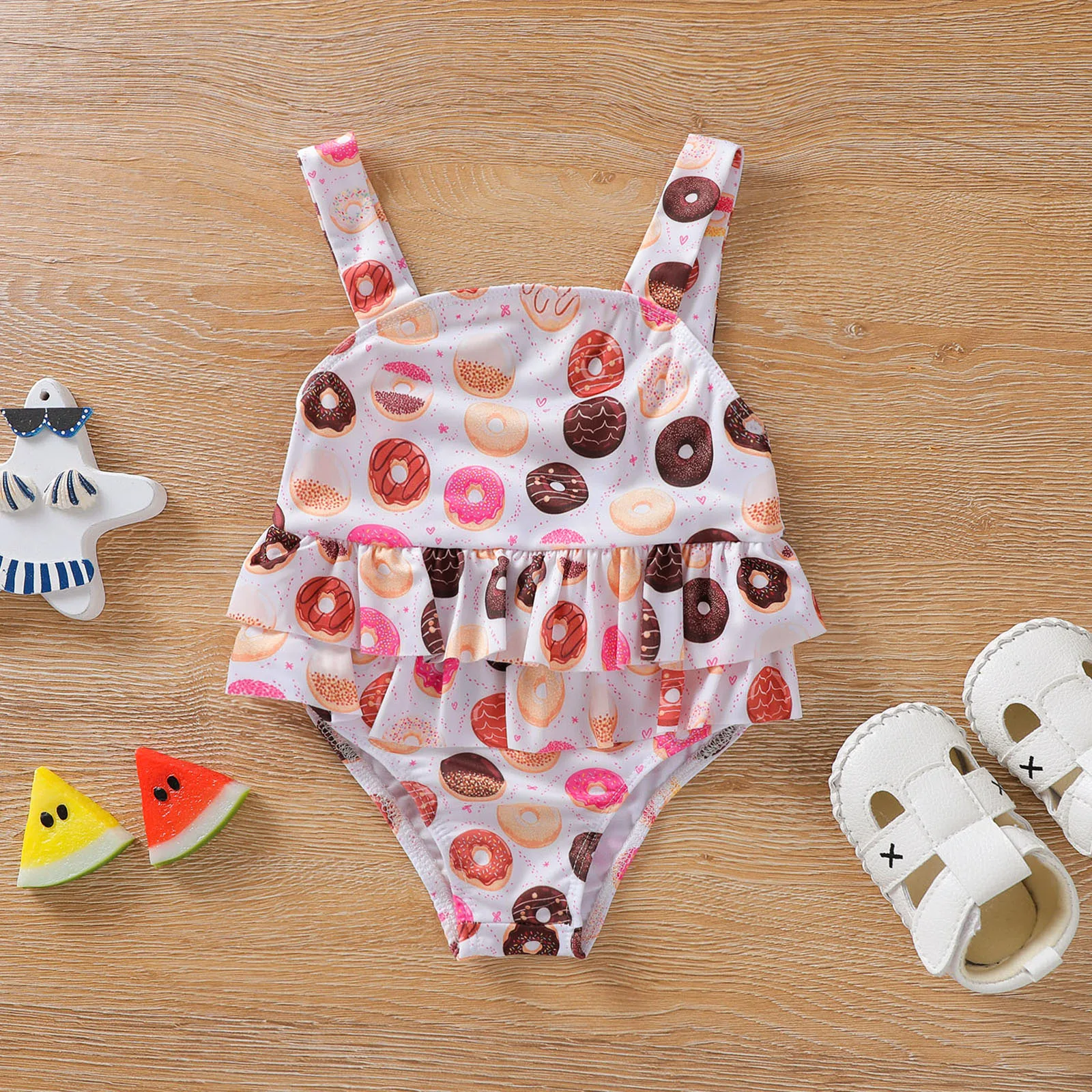 2022 New Toddler Baby Girls Donut Print Cute Swimsuit Infant Kids Sleeveless Ruffle Romper