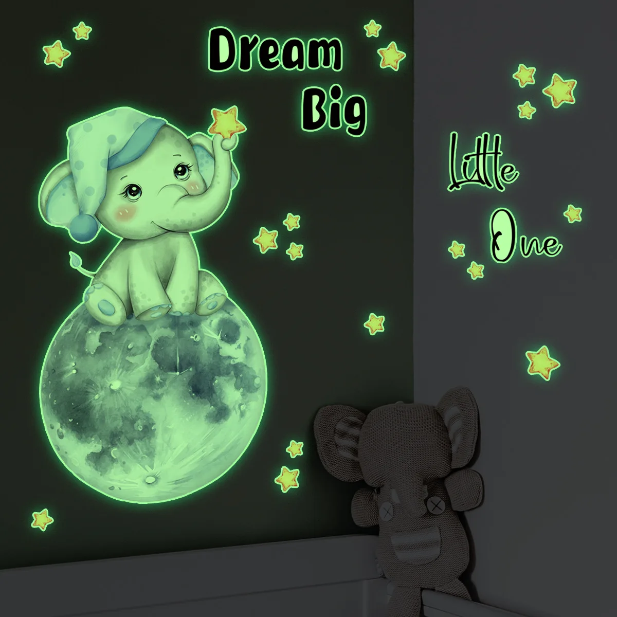 

Cute Baby Elephant Moon Luminous Wall Stickers for Kids Rooms Bedroom Wall Decoration Decals Home Decor Glow in the Dark Sticker
