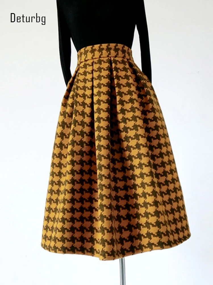 

Women's Fashion Houndstooth Woolen Skirt with Pocket 2022 Winter Korean Vintage Thickened High Waist Pleated A-Line Skirts K217