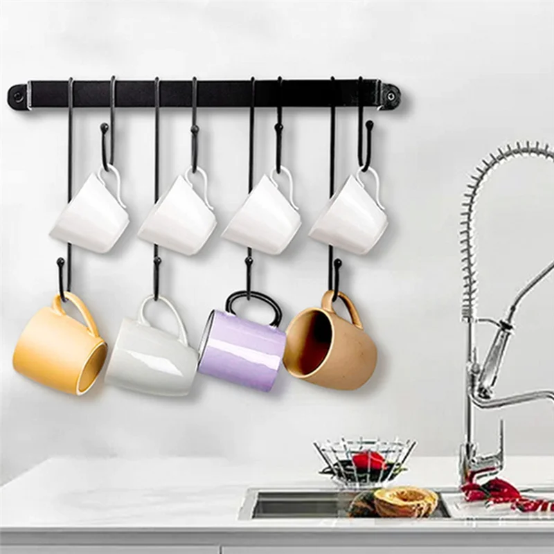Coffee Mug Holder for Wall: 17-Inch Black Coffee Bar Cup Hanger Hooks-Hanging Cup Rack Storage Organizer 2Pcs