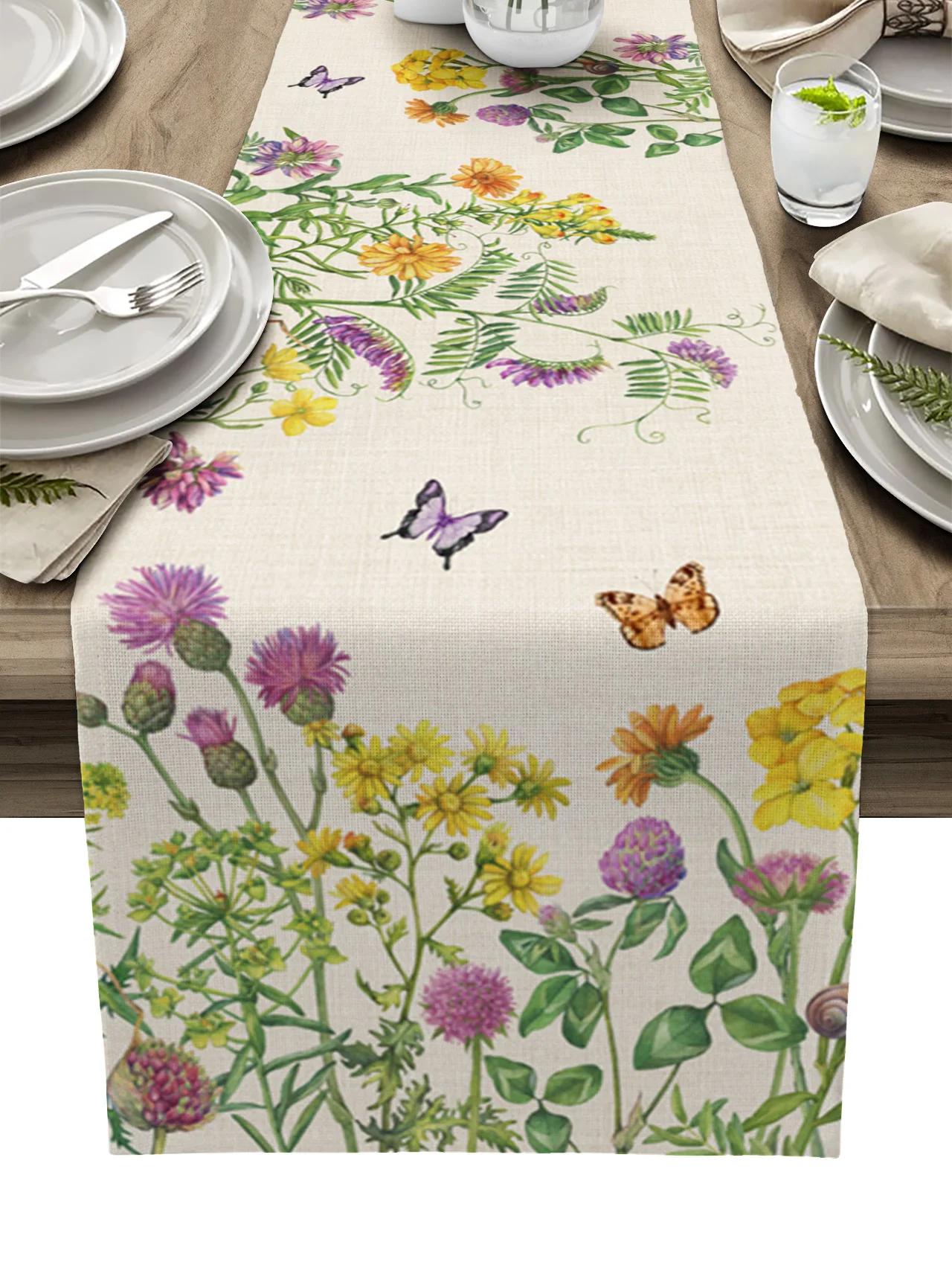 thumbnail image 1 of Camino de mesa de flores y mariposas, mantel de lino y algodón, cubierta de lujo para cocina y cena, decoración de fiesta de boda, Primavera, 1 of 5