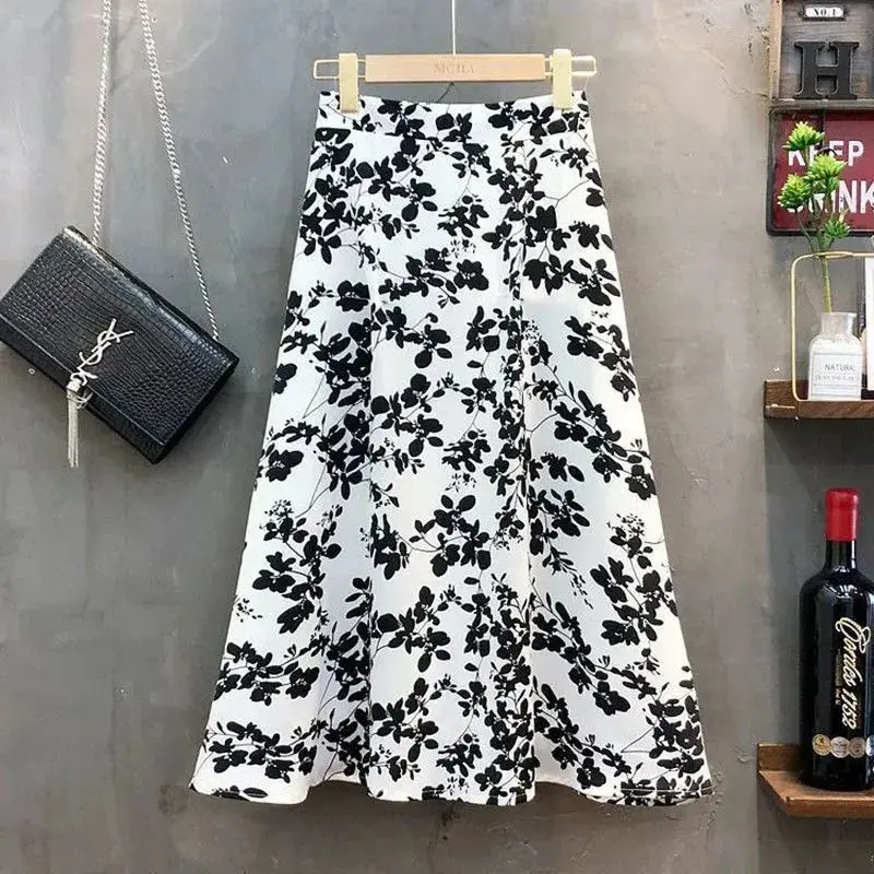 Prairie Chic Skirt Women Fashion Basics Chiffon Floral Print A-line Korean Loose Slim High Waist Casual Skirts