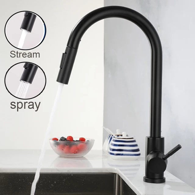Kitchen Faucets Black Stainless Steel Pull Out Hot Cold Water Mixer Tap 2 Function Stream Sprayer