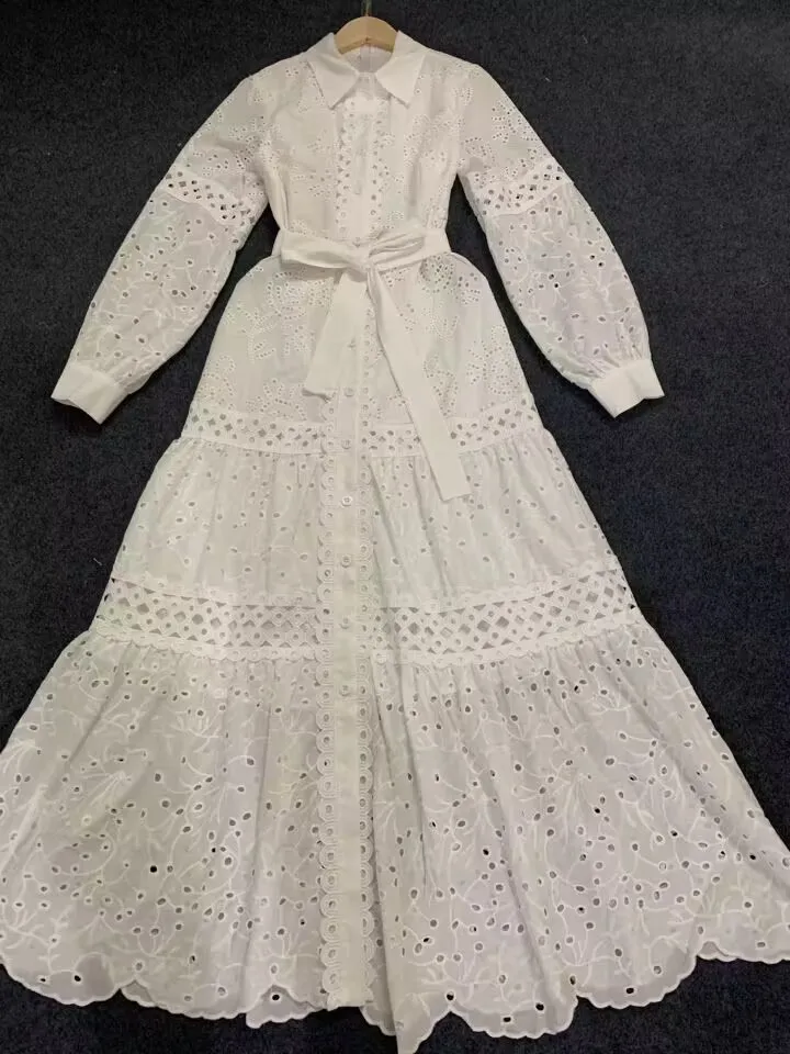 

New 2024 Spring Long Dress High Quality Women Turn-down Collar Allover Hollow Out Embroidery Belted Long Sleeve White Maxi Dress