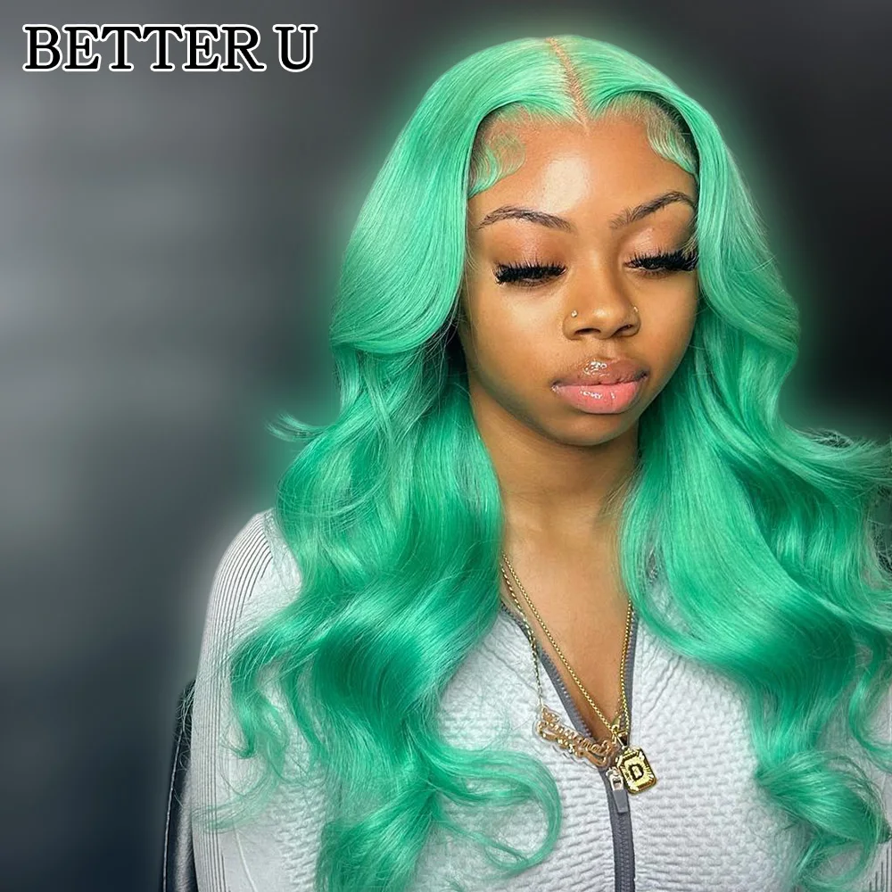 

Mint Green Colored Human Hair Wigs Body Wave 13x4 HD Lace Frontal Wig 30 Inch Straight Lace Front Wigs for Women Pre Plucked Wig