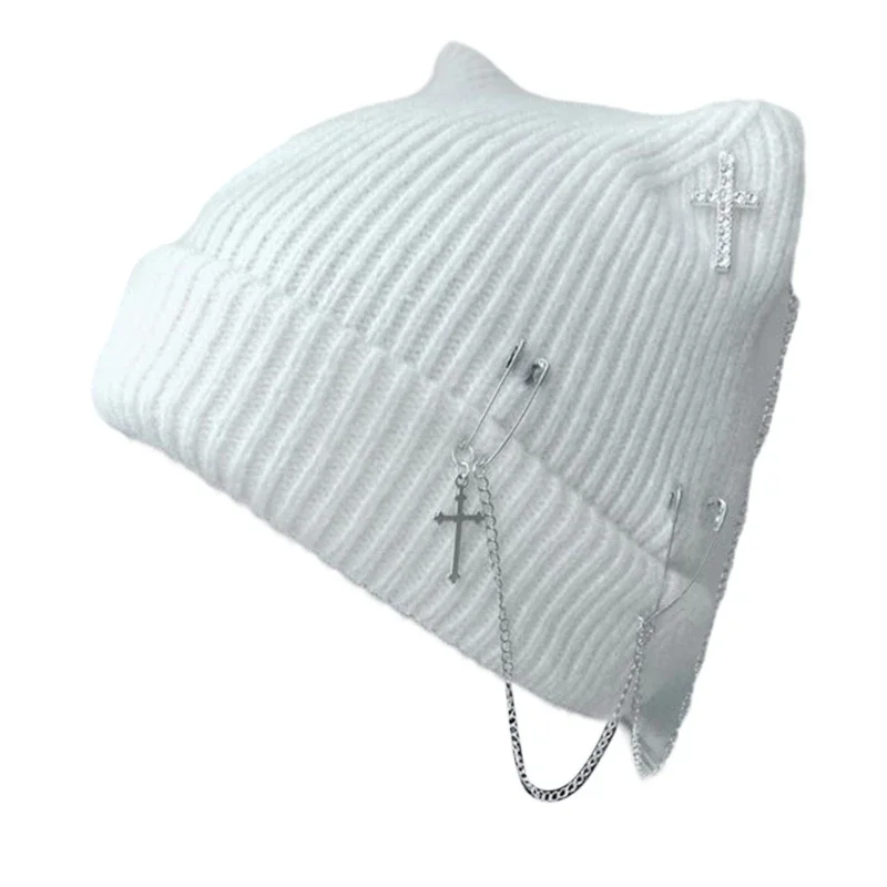 Cappello lavorato a maglia gotico per donna, cappello con orecchie da gatto Y2K, cappello con teschio fatto a mano all'uncinetto, copricapo per sottoculture femminili e adolescenti_voghion.com